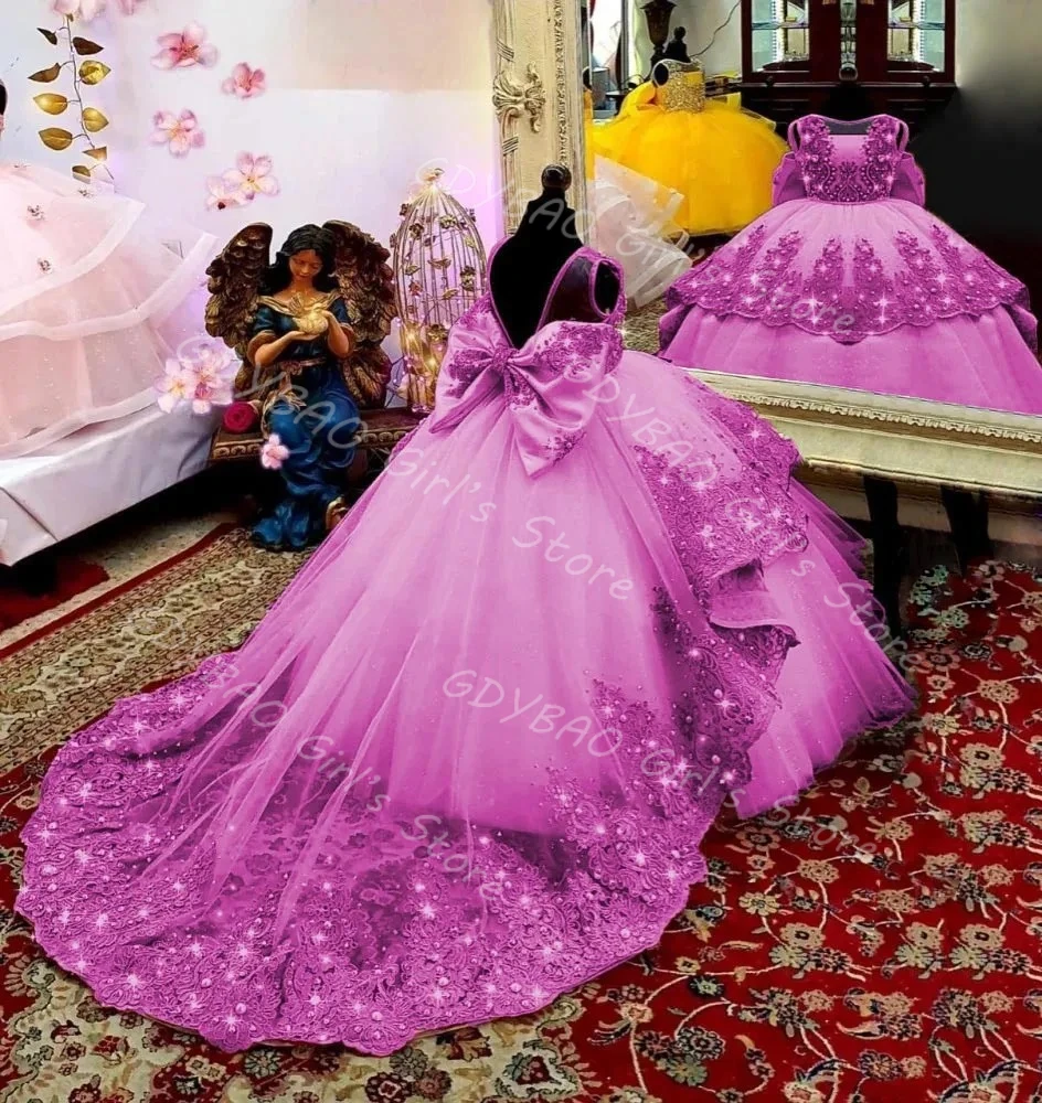 여자 공주 드레스 반짝이 페르시 아플리케 결혼식을위한 꽃의 소녀 드레스 어린이 맞춤형 생일 파티 볼 가운 기차