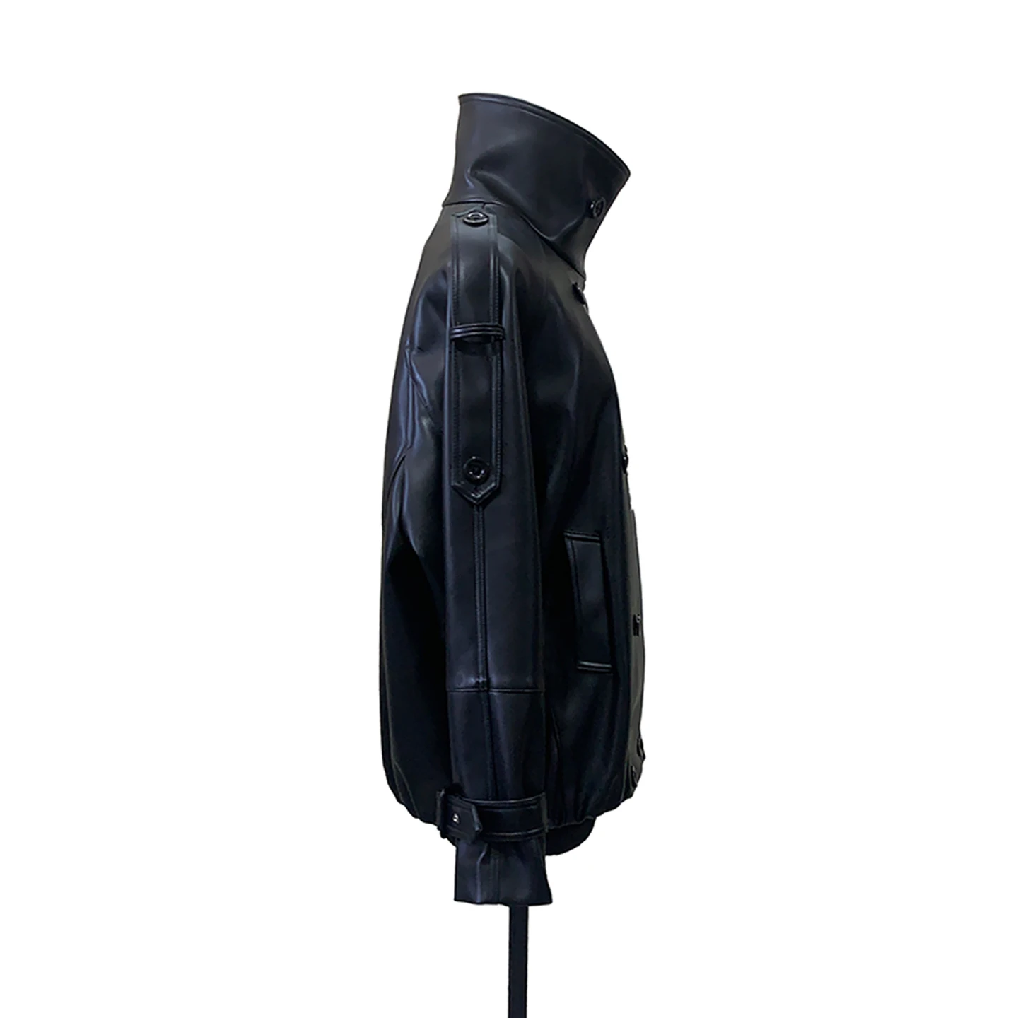 Nerazzurri Women's Loose Black Double-breasted Shoulder Insert PU Leather Jacket Stand Collar Long Sleeve Waterproof Fashionable