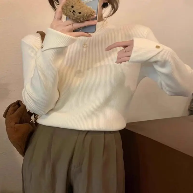 

Knitted Sweater Women Autumn Winter Semi High Neck Fashion Warm Layering Unique Button Base Tops Knitwear Ladies Casual Wear