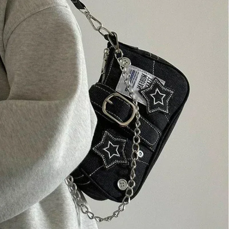 Y2k-Bolso de mano con estampado de estrellas para mujer, bandolera pequeña de lona con cadena, a la moda