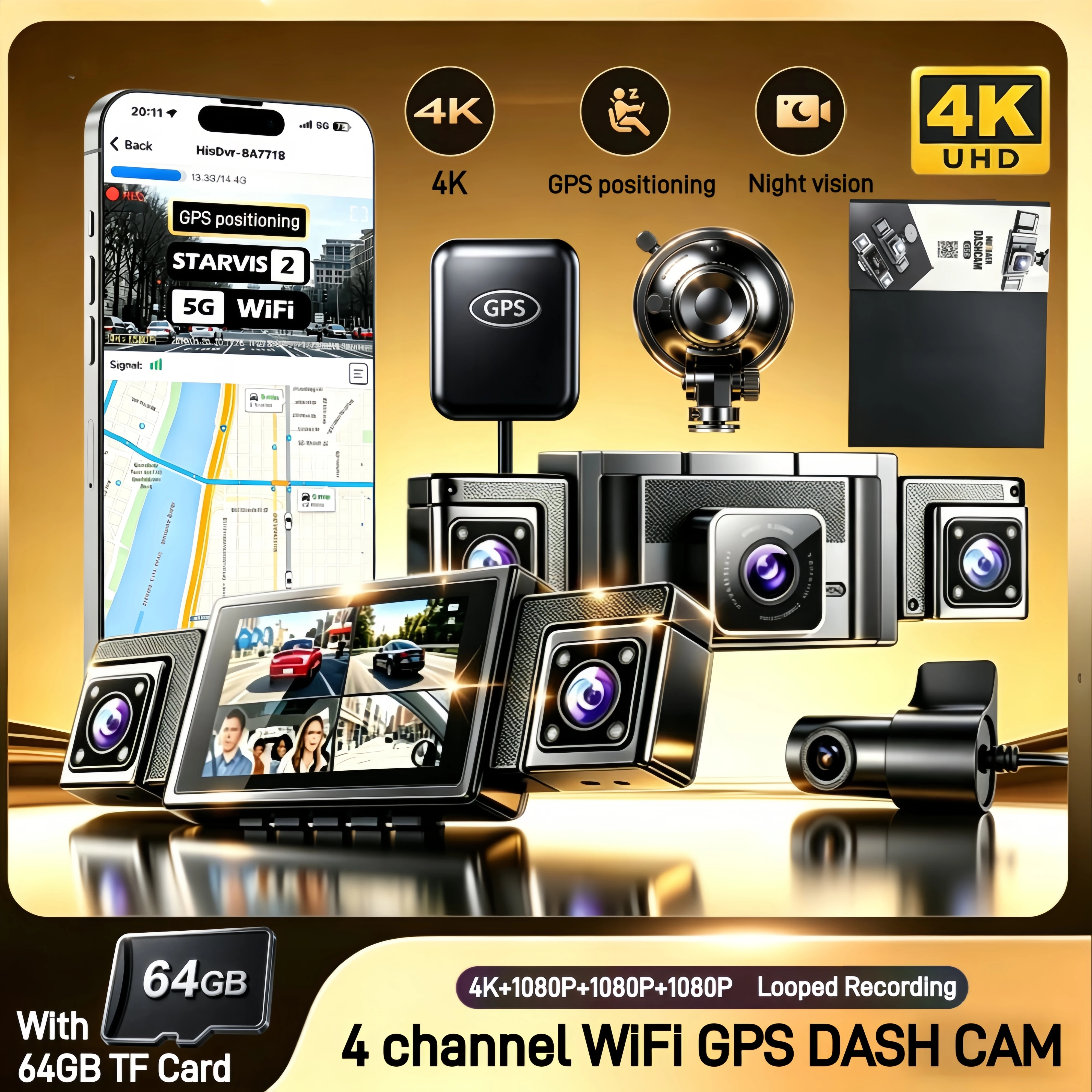 4 Lens 360 Degree Dash Cam For Cars WIFI APP and External GPS Car DVR 4-Channel Front Camera Video Recorder Rear View Camera