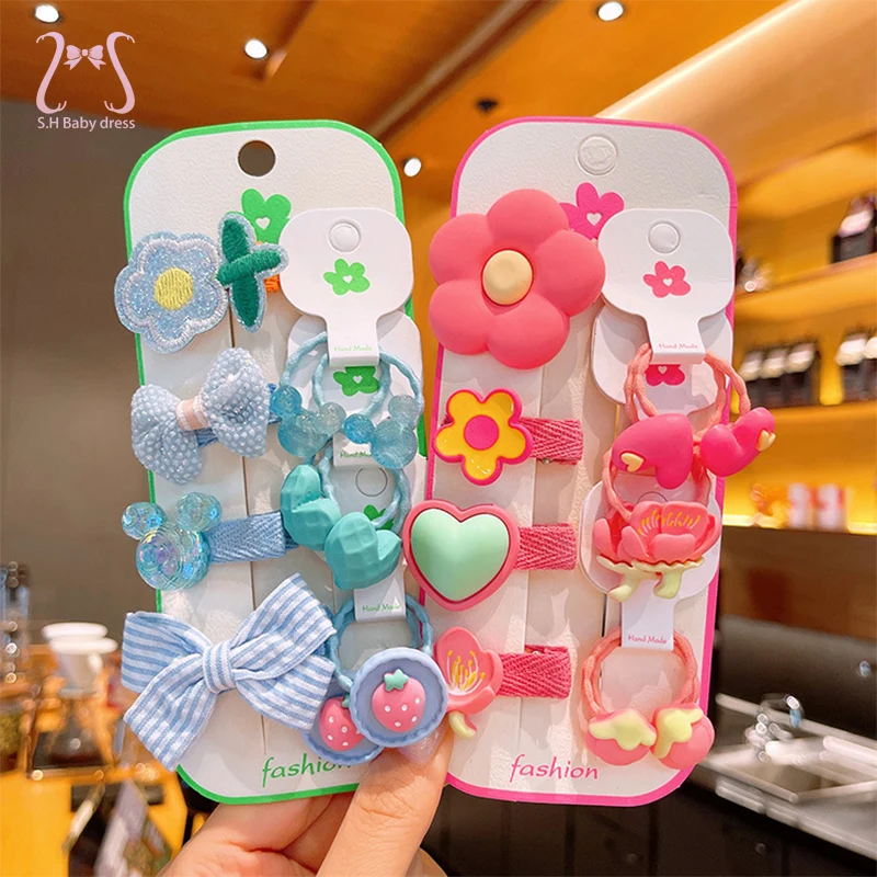 8pcs Kids Korean Version Cartoon Flower Rubber Band Children Hairpin Clip Fashion Hair Ring Baby Girl Hair Accessories Set