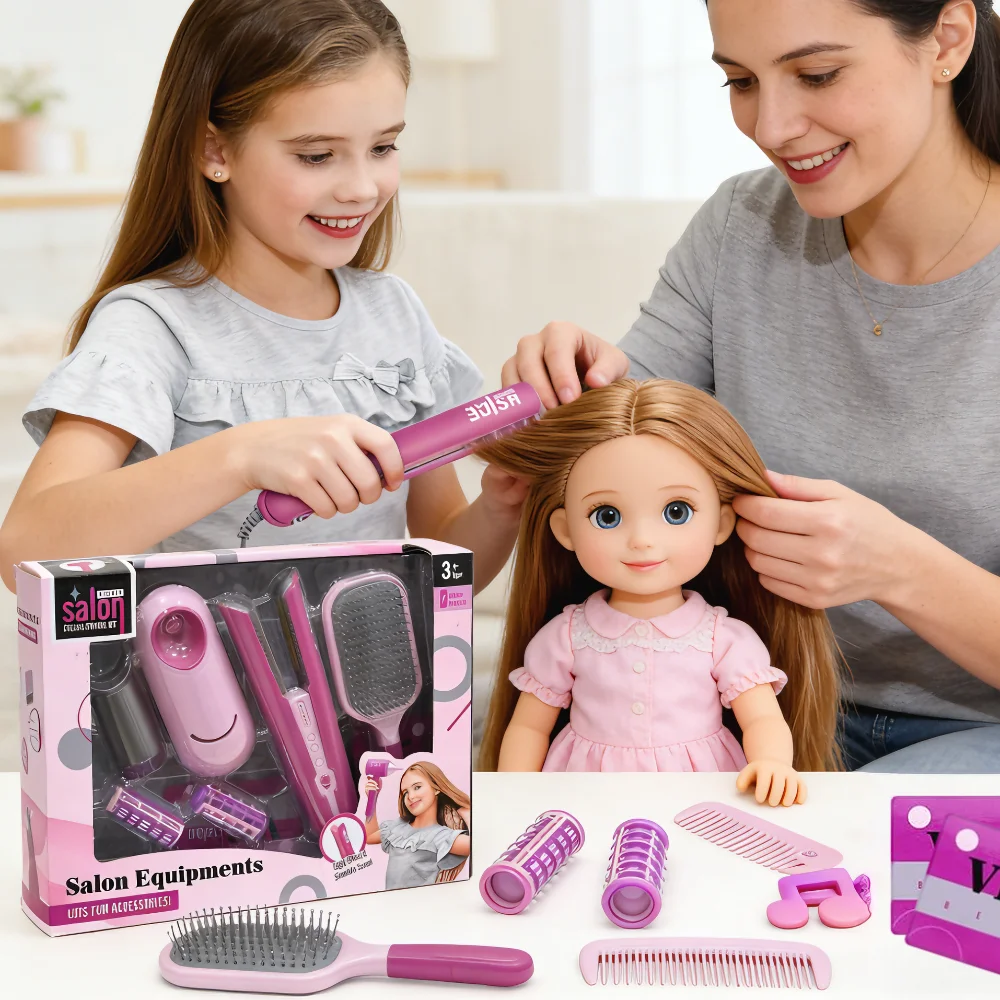 Kit de juguetes de peluquería de belleza para niñas de 8 piezas con alisador y accesorios de peinado, juego de estilista de muñecas de juego de simulación de moda, Navidad