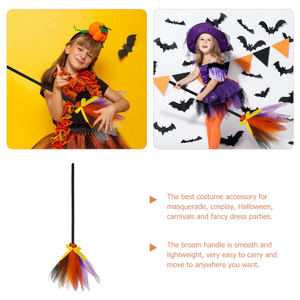 Halloween Witch Broom Children Cosplay Dress up Props Potter LED Light Splicing Color Costumes Decor Ornament Mesh