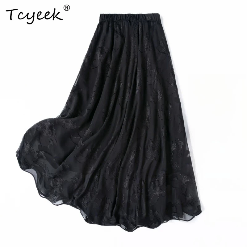 Tcyeek 100% Real Silk Women Black Long Skirts 2026 Spring Summer Elastic Waist Flowing Skirt Female Clothing Faldones Para Mujer