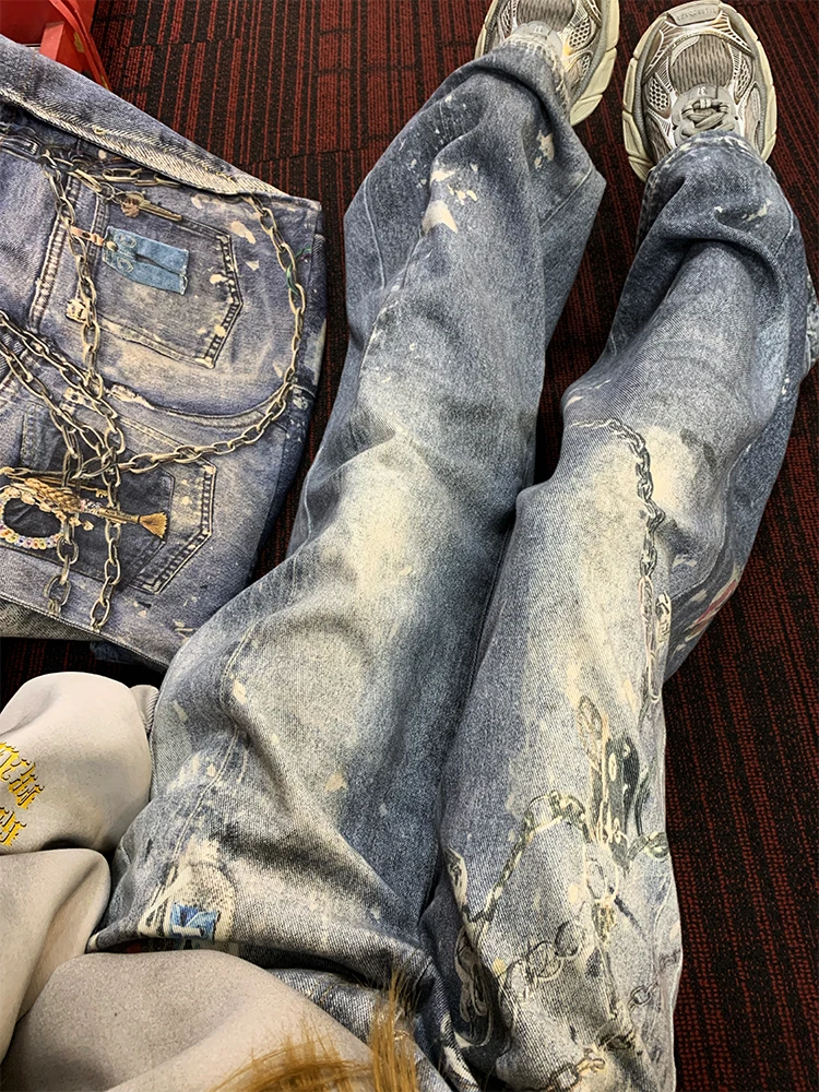 

Джинсы FuunJ с высокой талией и прямыми штанинами, женские свободные брюки с широкими штанинами, с цепочкой и принтом, износостойкие, на все сезоны