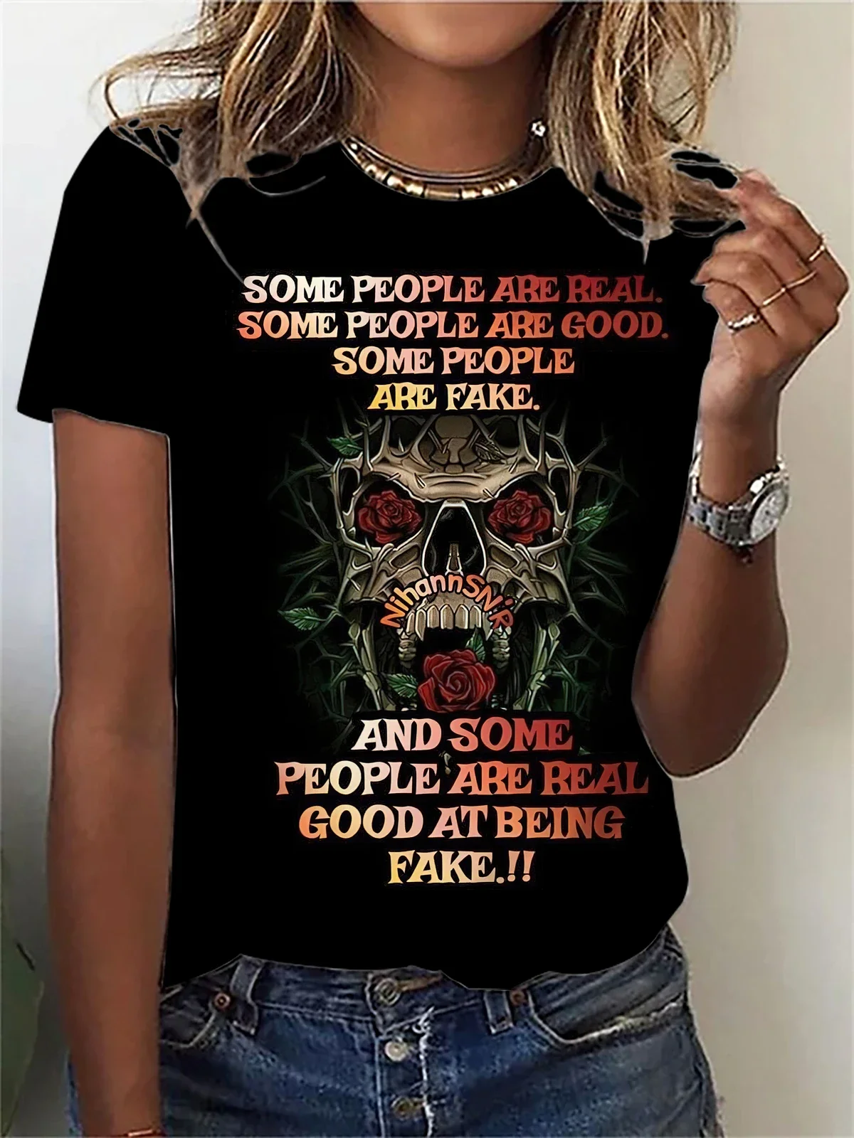 

Women's Clothing Skull Print T-shirt, Casual Crew Neck Short Sleeve Top for Spring & Summer