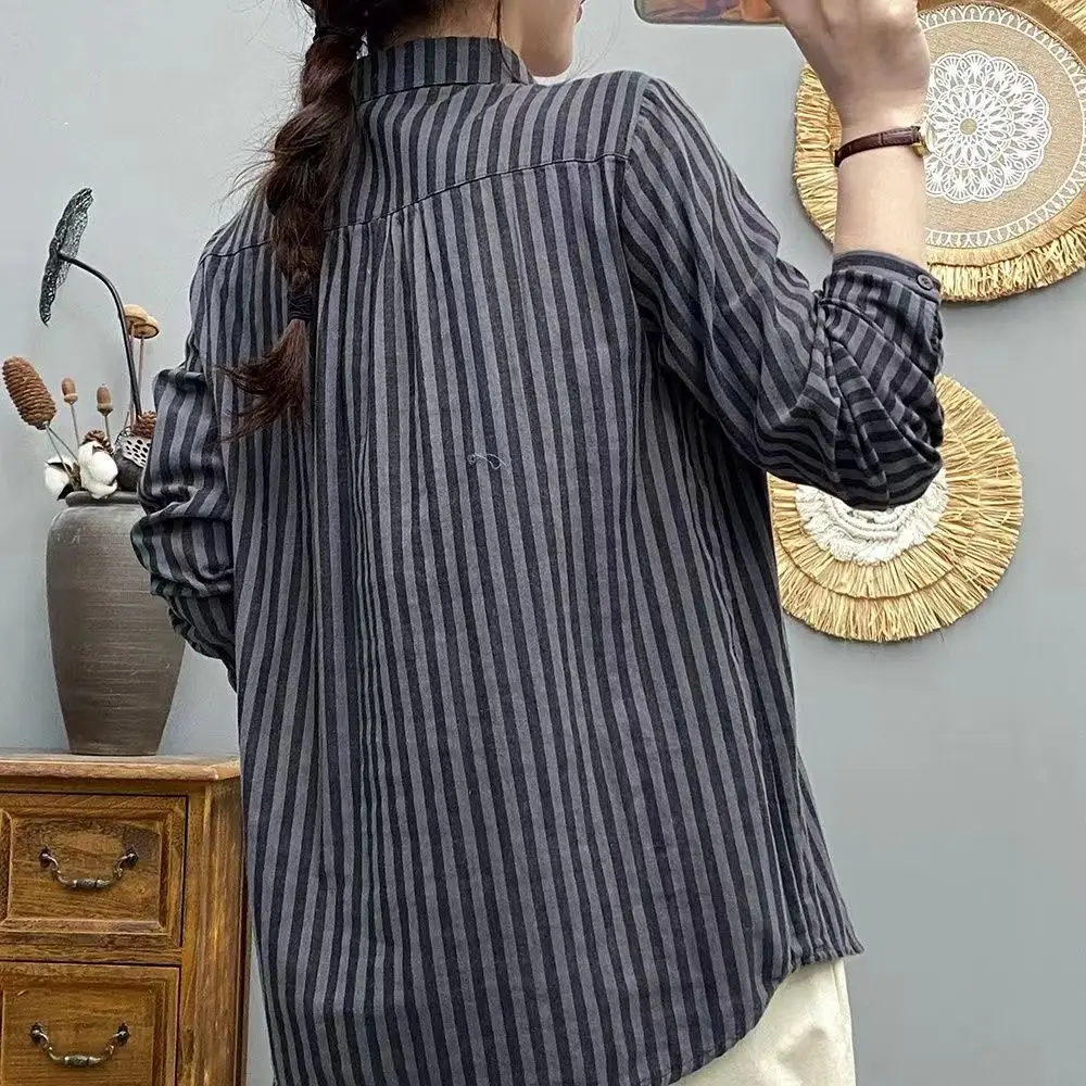 New Pure Cotton Striped Long Sleeved Shirt Double-layer Cotton Yarn Women\'s Spring Autumn Casual Slimming Age Reducing Top Shirt