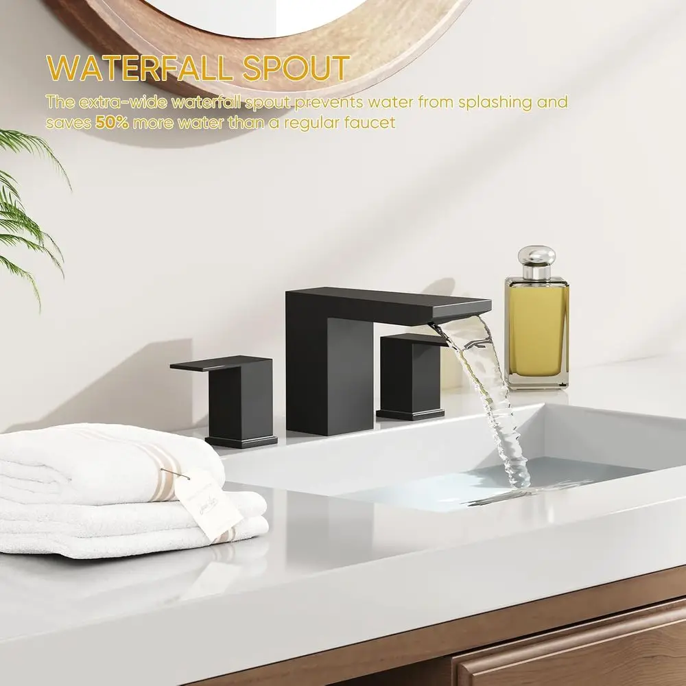 8 صنبور حوض حمام أسود غير لامع بثلاث فتحات على نطاق واسع مع صنبور شلال، مقابض مزدوجة، خراطيم CUPC، استنزاف منبثق، ستانلس ستيل #4