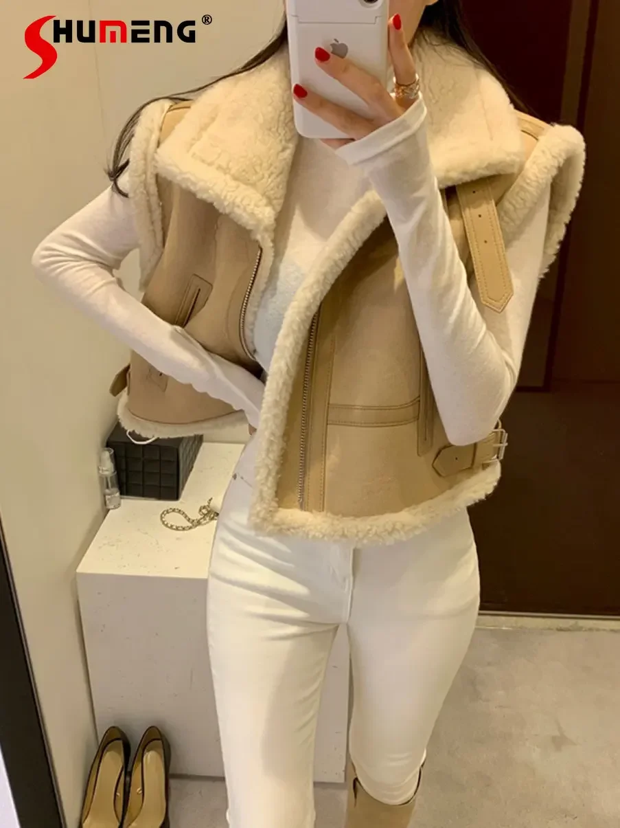 

Lamb Fur Stitching Vest Coat Women's Winter Korean Stand Collar Loose Thickening Warm Sleeveless Waistcoat Jacket Vest Fashion