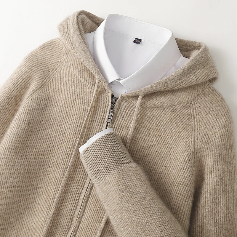 

New Men 100% Cashmere Sweater Zipper Cardigan Autumn Winter Thick Hoodie Long Sleeve Cashmere Knitwear Smart Casual Hooded Tops