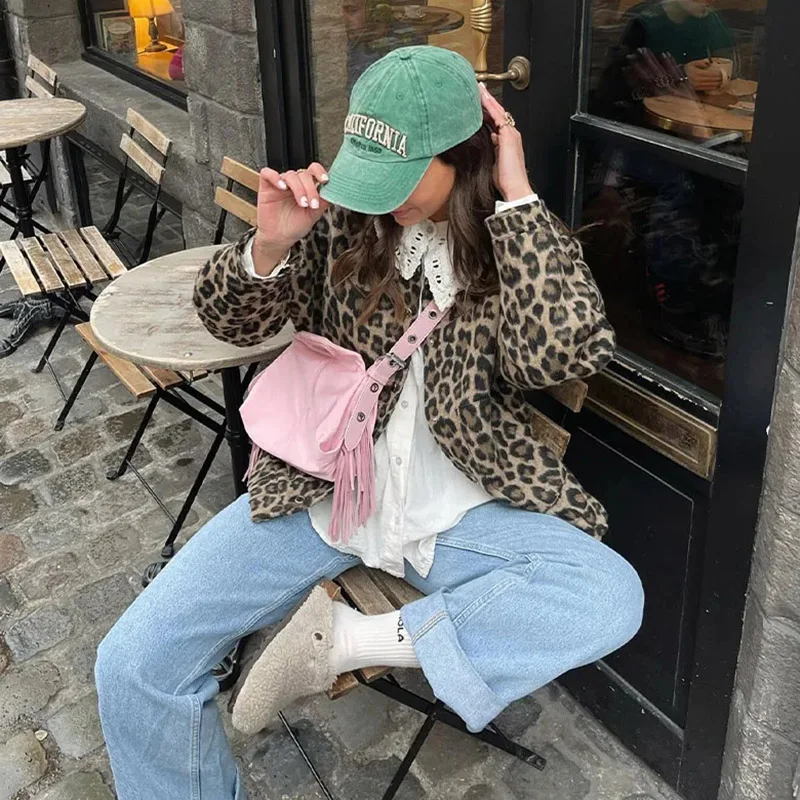 Vintage Leopard Print Jackets Women Single Breasted Big Pockets Lapel Long Sleeve Loose Female Down Coat Spring Lady Streetwear