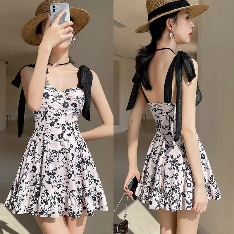 

Женский сексуальный купальник-комбинезон с цветочным принтом, бандажным верхом, двойным слоем, оборками и мини-юбкой, с эффектом пуш-ап, для пляжа и летнего отдыха