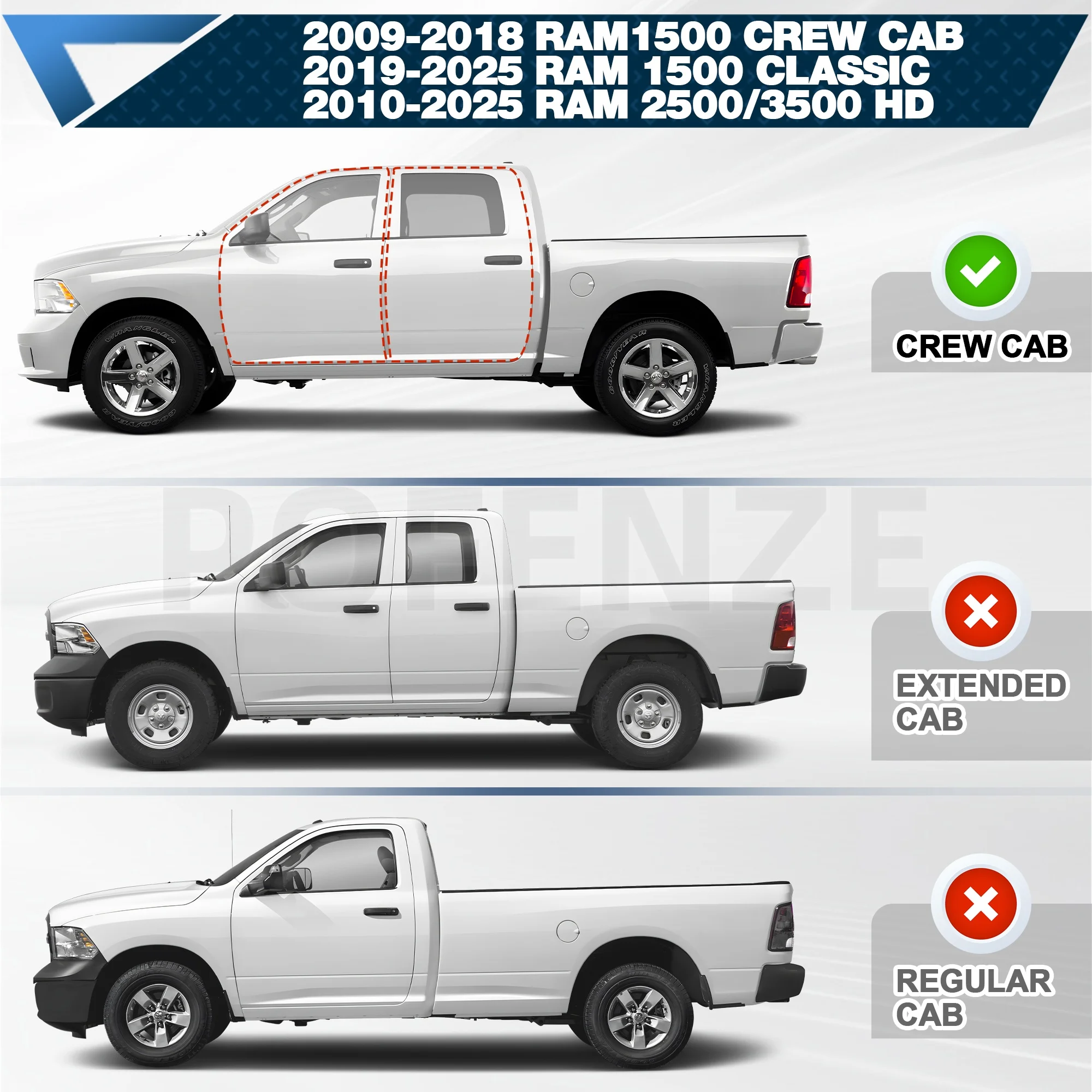 خطوات جانبية من الفولاذ الكربوني لـ 2009-2018 دودج رام 1500 (بما في ذلك الكلاسيك 2019-2025)، 2010-2025 رام 2500/3500، ملحقات السيارة #3