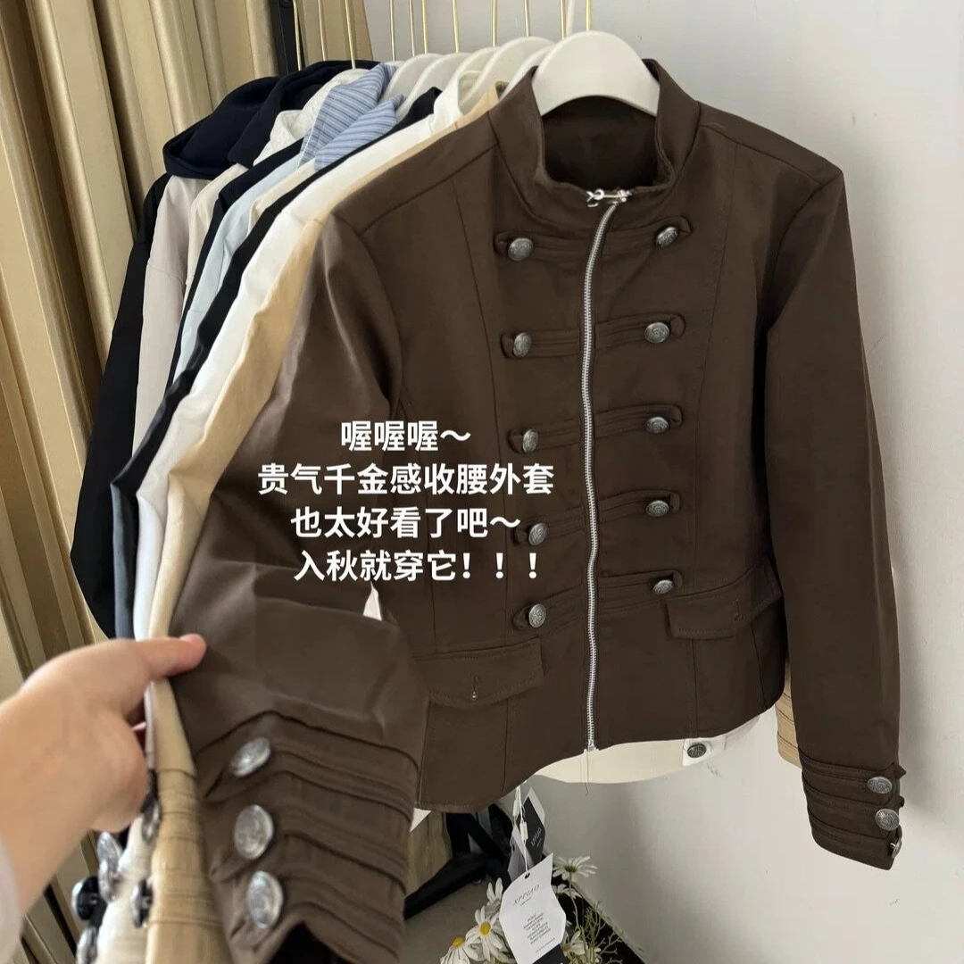 Women Vintage Military Style Cropped Jacket, Stand Collar Double‑Row Buttons Zip‑Up Retro Officer Style Slim Outerwear Coat