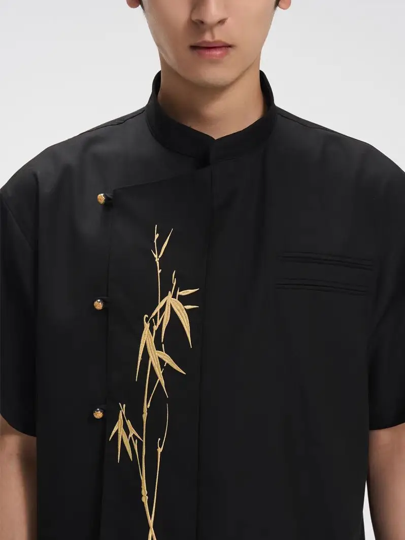 Dibinsai's New Chinoiserie Short-Sleeved Shirt with Collar and Gold Bamboo Embroider Pattern Design
