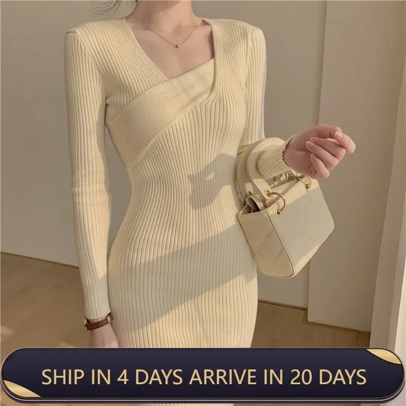 2024 New Autumn And Winter French Style Long Sweater Dress Knee Length Inner Chanel Style Bottoming Knitted Dress For Women