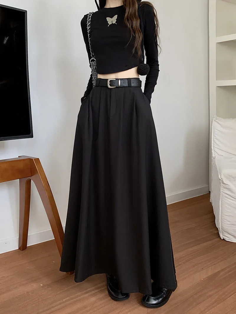 3Colors S-XL Autumn Female New Long Suit Skirts 2023 Women High Waist Ball Grown Maxi A Line Skirt Female+belt (L5150)