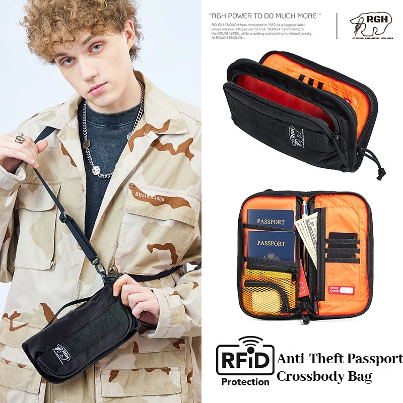 RGH RFID Blocking Passport Holder, Travel Document Storage Bag, Crossbody Phone Purse, Card Sleeve Protector for Overseas Trip