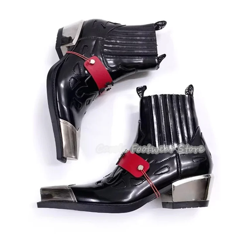 Gothic Metal Pointed Toe Chunky Heel Chelsea Boots for Men Punk Rivet Decor Mixed Color High Top Boots Male Motorcycle Boots