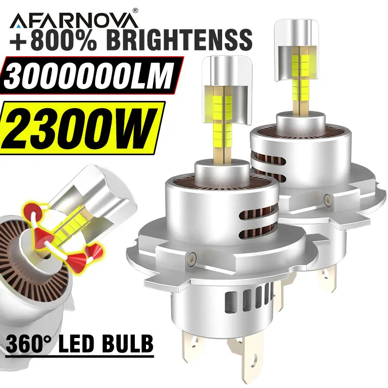 

H4 2300W 2000000LM H4 Светодиодная автомобильная фара Canbus Light для автомобиля 360 Turbo LED Мини-размер фары Беспроводная с вентилятором 6000K 12V
