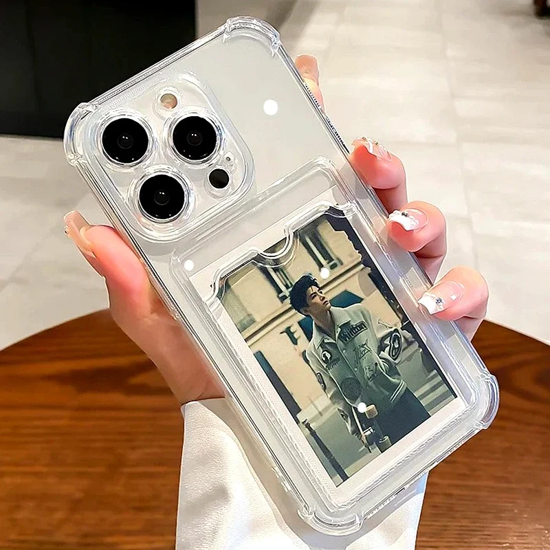 Funda de teléfono con soporte para tarjetas transparente para iPhone 11 12 13 14 15 16 Pro Max X Xs Max XR Plus Mini cartera a prueba de golpes