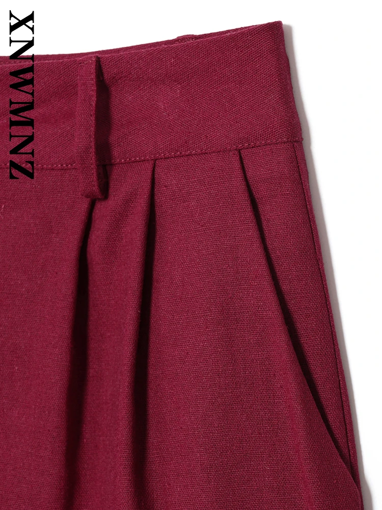 XNWMNZ 2025 Autunno Nuova Donna Semplice Pendolarismo Pulsante Pantaloni Corti di Lino Moda Casual Lady Rosso Vintage Vestibilità Regolare