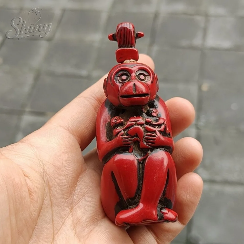 

Oriental Vintage Handwork Carved Red Lacquerware Monkey Snuff Bottle Small Bottle Collection Ornament