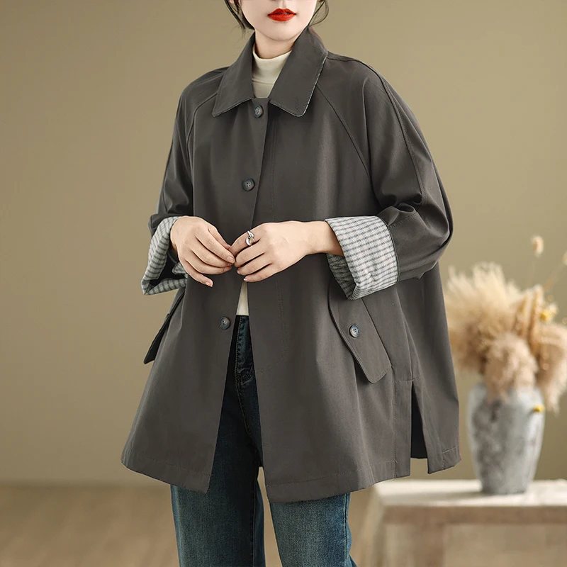 

Retro Workwear Sle Women's Long Casual Coat Spring Autumn Ele Loose Faionable Button up irt Collar Mid-Length Jaet