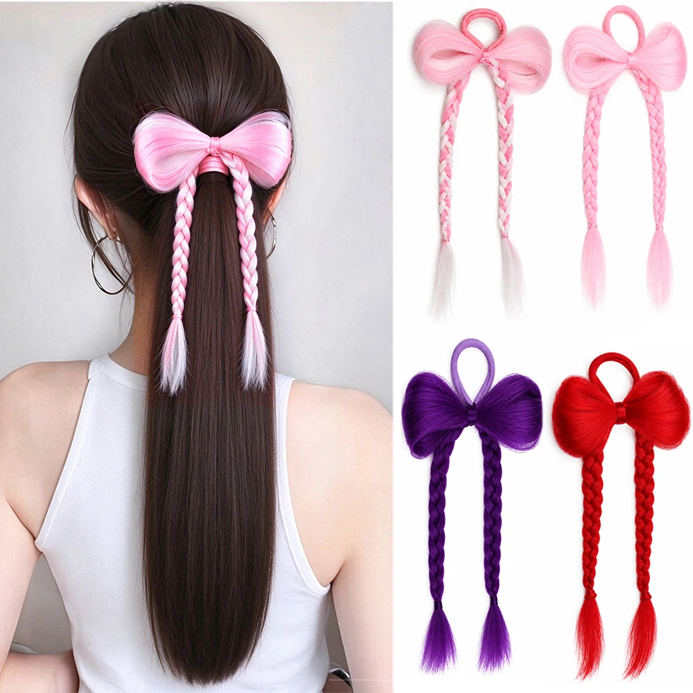8inch Synthetic Wig Trendy Cute Children's Braid Bow Knot Head Ponytail with Elastic Rubber Band  Braid Hair For Women Party