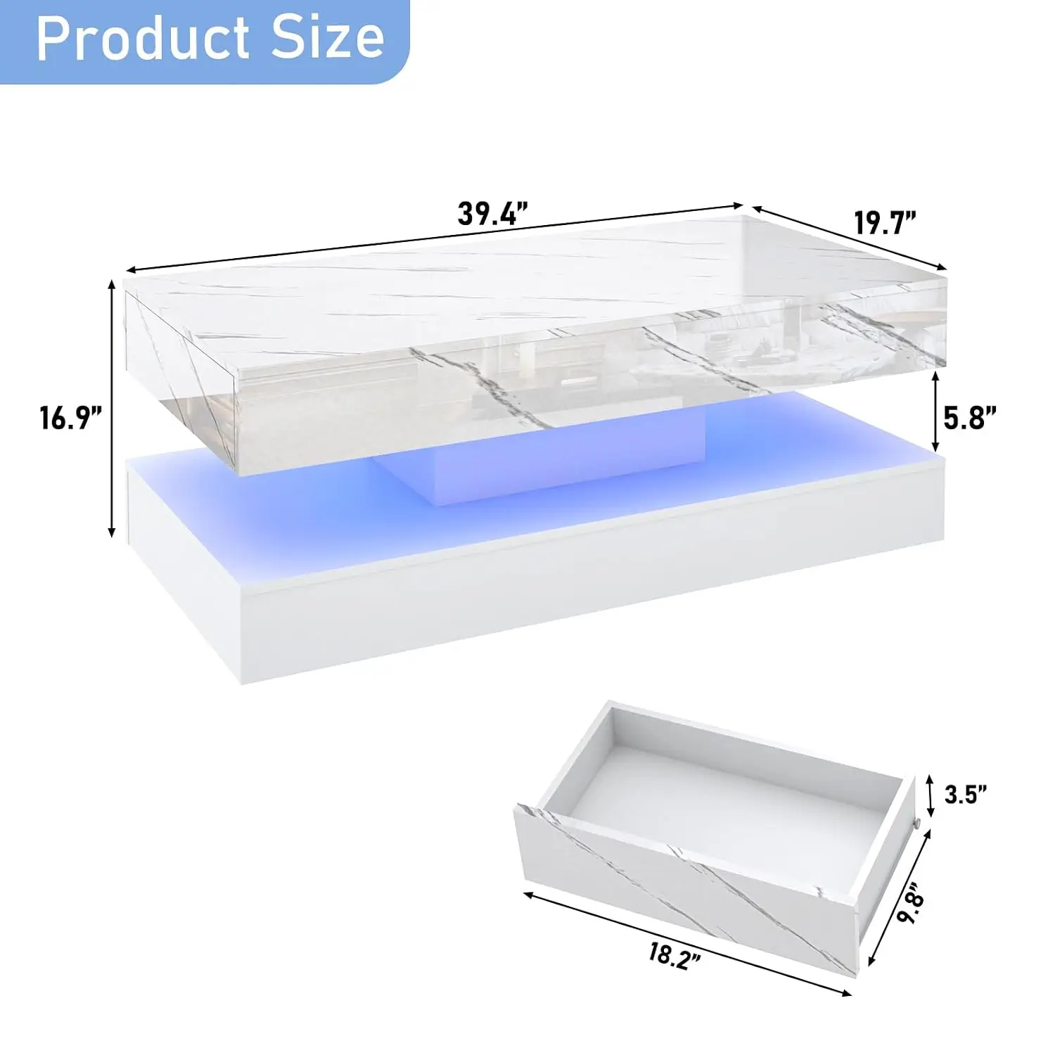 High-Glossy LED Coffee Table w/ 2 Sliding Drawers, Marbling Print Double-Layer Storage Table, 39.4