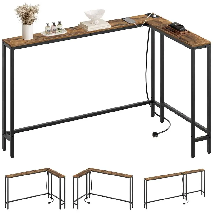 Console Table, 180 cm Narrow Sofa Table with Power Outlets, Behind Entryway Table, 3 Assembly Options, for Entryway, Rustic Bro