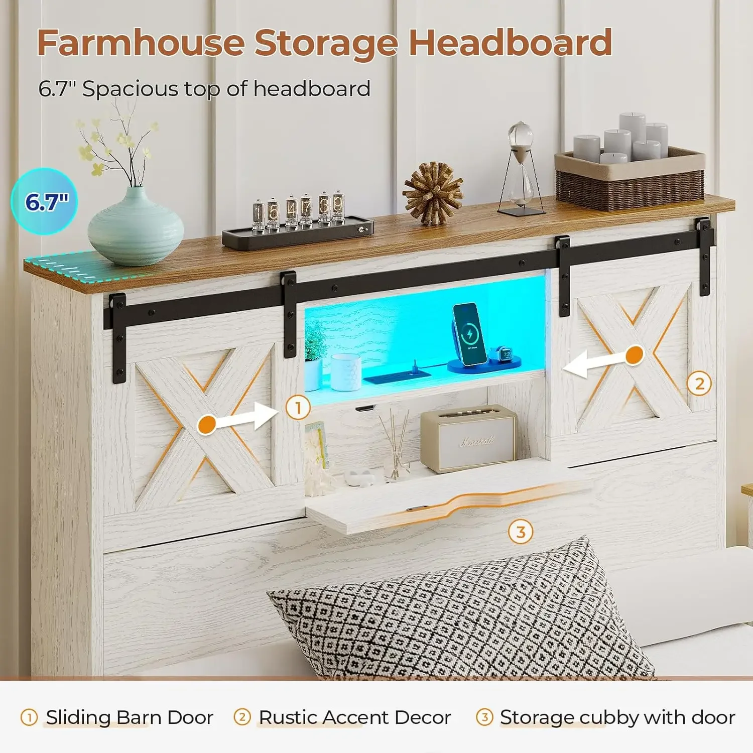 [الأسهم المحدودة! إطار سرير مزدوج الحجم مع درجين للتخزين، وسرير مزدوج بمنصة خشبية مع أضواء LED ومحطة شحن، Rusti #5