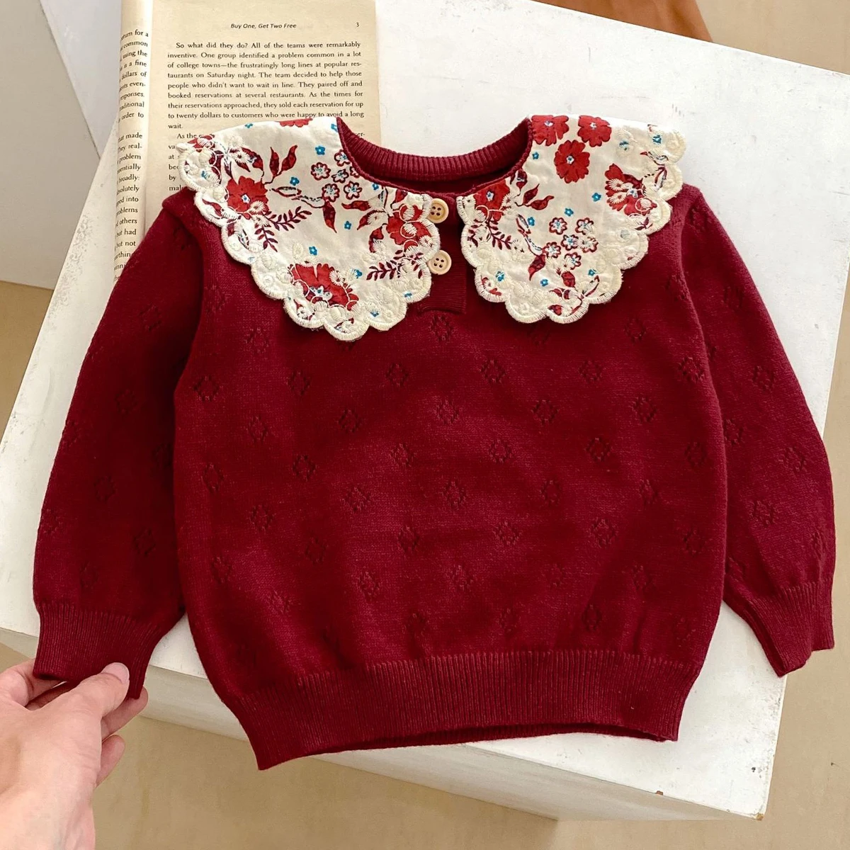 Instagram Spring and Autumn Fashion Versatile Sweater Knitted Baby Girl Sweet Big Lace Collar Knitted Pullover Top Bottom Sweate