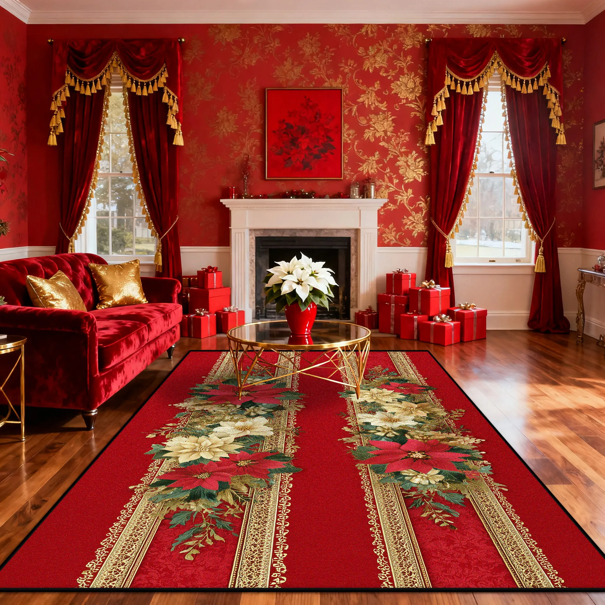 Vintage Red Carpet Living Room High-end Floral Pattern Hairless Tea Table Rug Bedroom Bed End Anti-slip Large Area Classic Mat