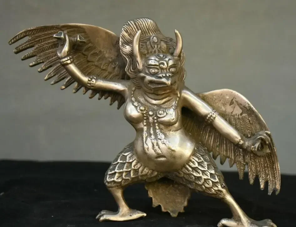 

8.4" Old Tibet Buddhism Silver Redpoll Winged Garuda Bird Eagle Buddha Sculpture