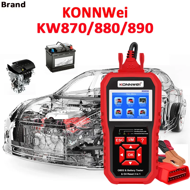 KONNWEI KW870 KW880 KW890 12V Car Battery Tester Analizer Auto Diagnostic Tool Battery Match 3 in 1 Car OBD2 Scanner Code Reader