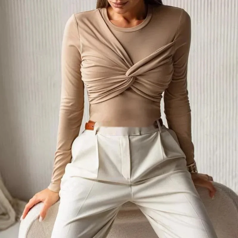 

Women's Tops Tees Jumpsuit Round Neck Long Sleeved Tight Fitting Eur America Sexy Pleated Jumpsuit High Street Mid Waist Top New