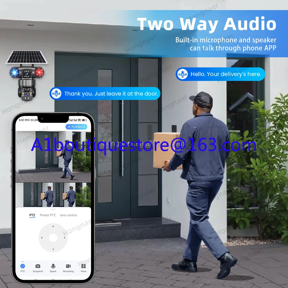 Hongna 8MP 3 Video Wireless Solar PTZ Camera V380 Pro 4k Dual Lens WiFi Outdoor 4g Sim Card CCTV Solar Security Camera