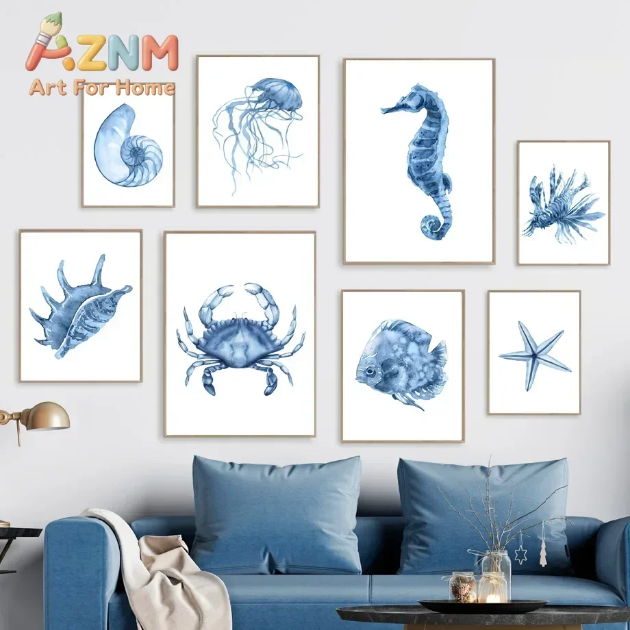 AZNM Blue Watercolor Sea Creature Canvas Wall Art, Jellyfish Seahorse Crab Starfish Nautical Print, Unframed Canvas Painting for