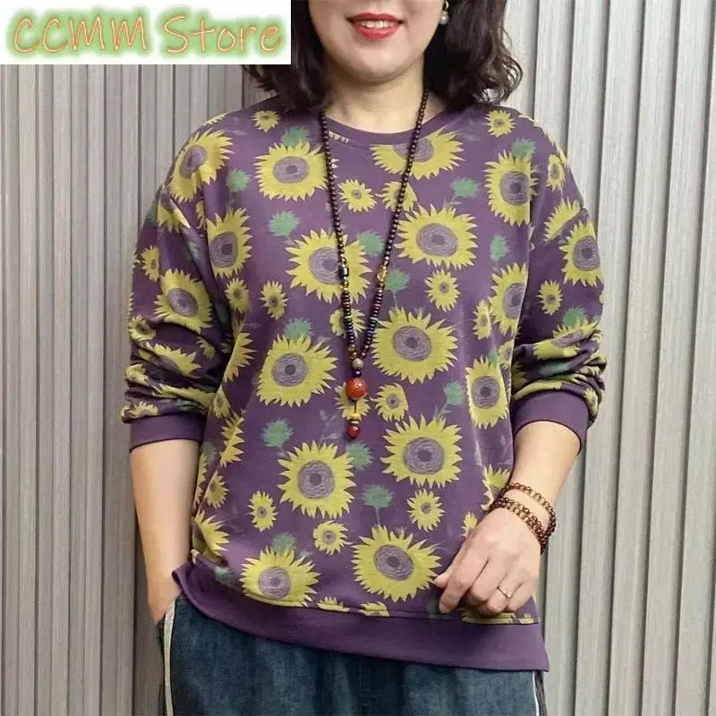 

Women's Clothing Korean Sweatshirts Vintage Floral Printed Spring Autumn New Commute Long Sleeve Casual O-Neck Spliced Pullovers