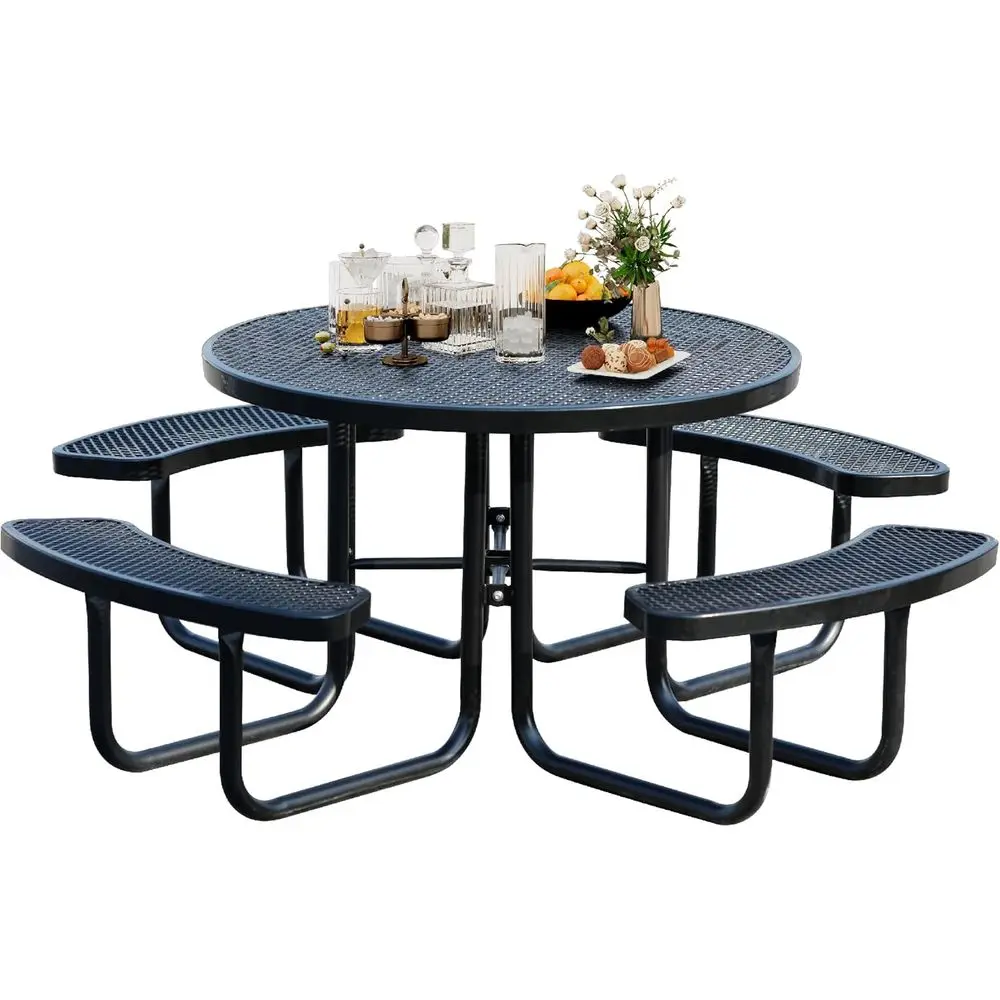 

46 Metal Round Picnic Table with 4 Benches and Umbrella Hole for Outdoor Use in Parks, Gardens, and Backyards - Black