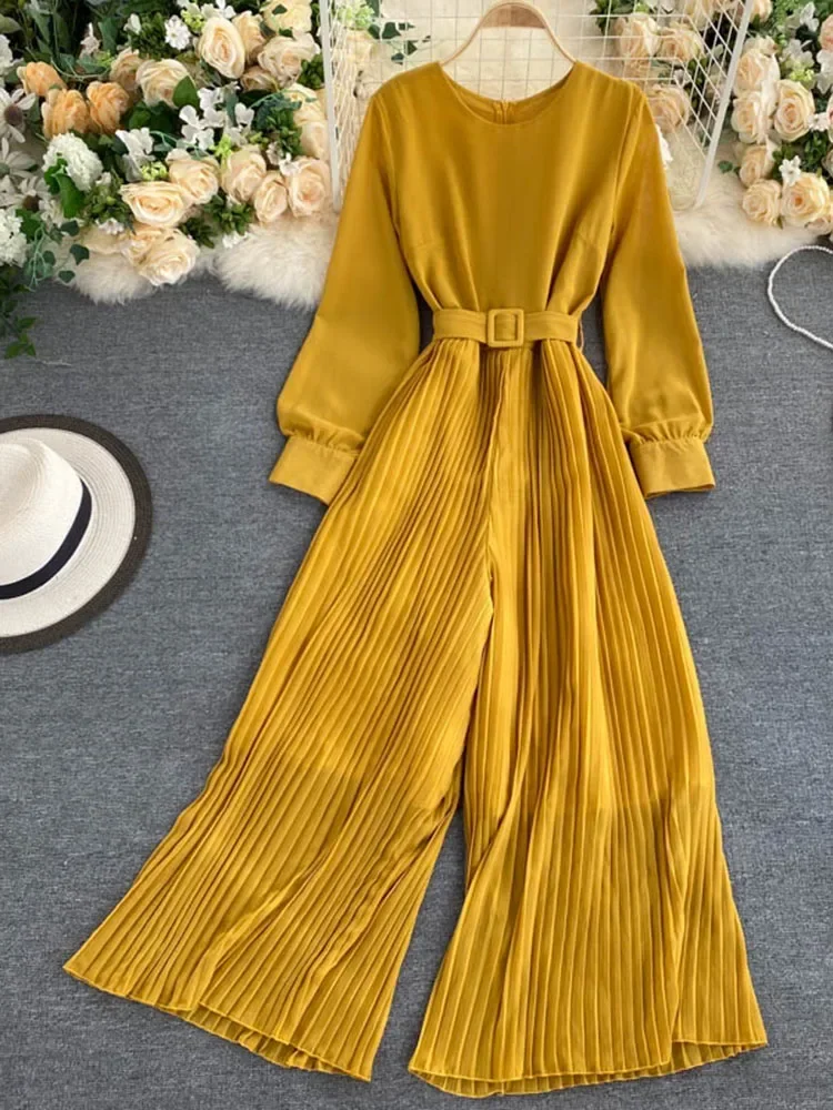 Women\'s Spring Autumn Jumpsuit New Solid Color Round Neck Long-sleeved Pleated Wide-leg Pants Lace Up Thin Jumpsuit LL061