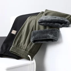 ArmyGreen Men's Fashion Winter Brushed Casual Pants 100% Cotton Thickened Loose Straight Soft Warm Male Clothing Fleece Trousers