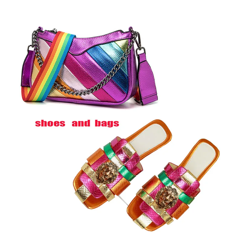 

women's slippers fish-mouthed back hollowed-out lion cooling slippers rhinestone slippers chain bag set rainbow slippers set B10
