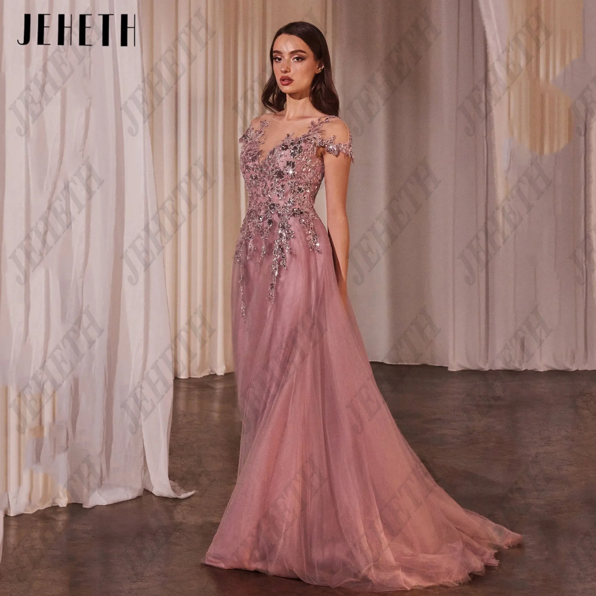 JEHETH A-Line Long Prom Dresses O Neck Short Sleeve Tulle Embroidered Lace Homecoming Party Dress Evening Dress Customized