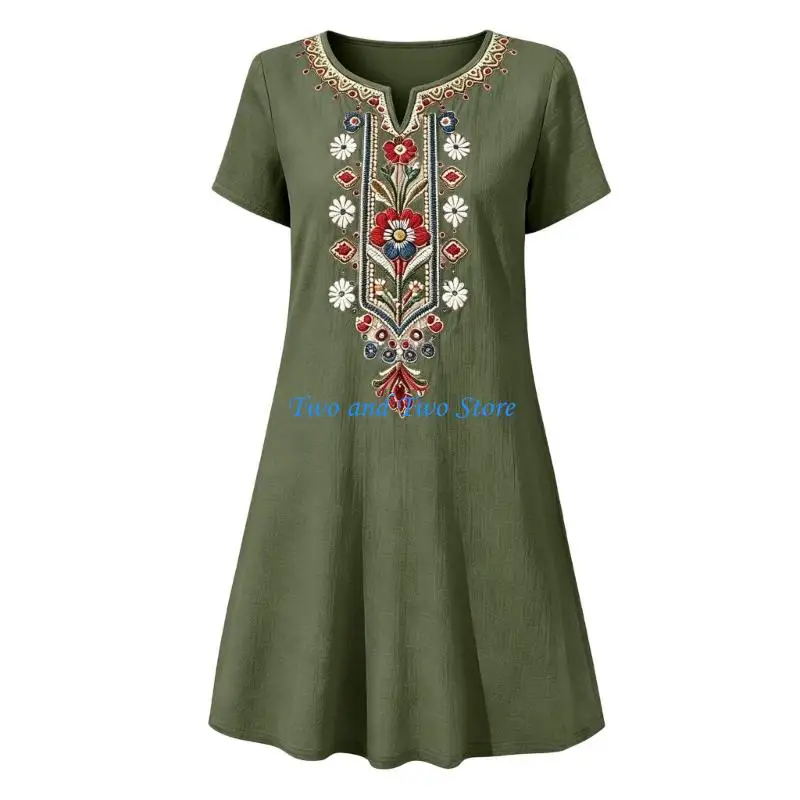 HX6F Dresses for Women Floral Embroidered Short Sleeve Dress Casual A Line Flowy Beach Dress