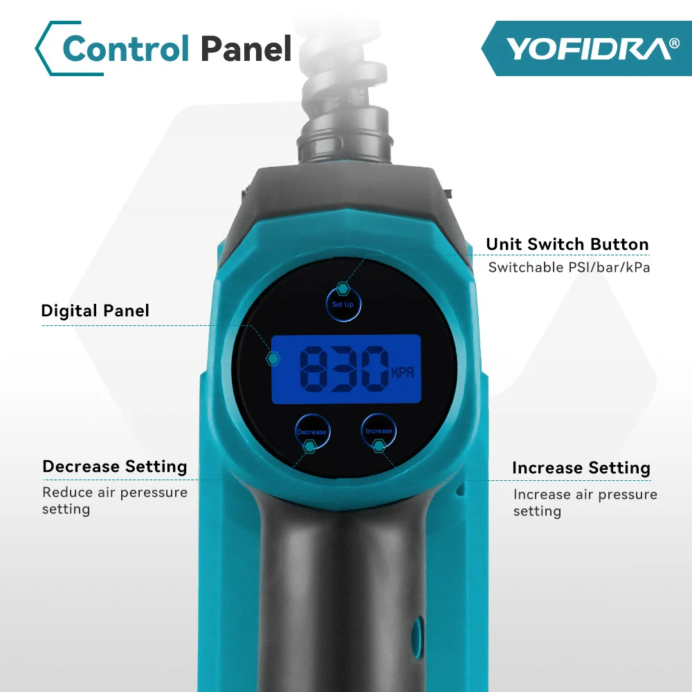YOFIDRA High Pressure Air Inflatable Tire Inflator Compressor Digital Display Cordless Car Tyre Inflator For Makita Battery Pin view 3
