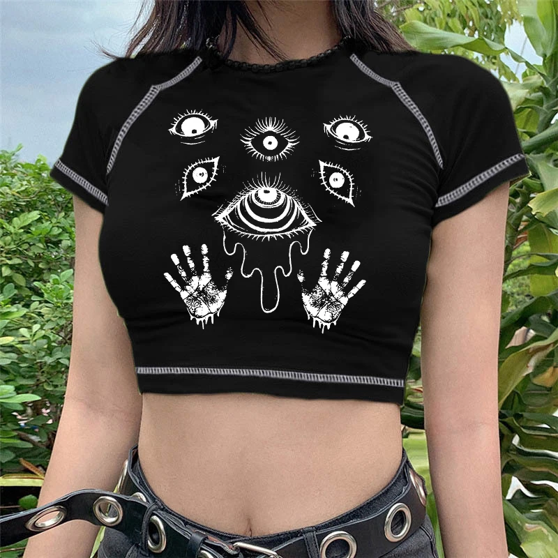 Women's Short Sleeve Top Goth Aesthetic Harajuku High Street T-Shirt Creative Eye Pattern Printing Top Punk Y2K Baby Slim Summer