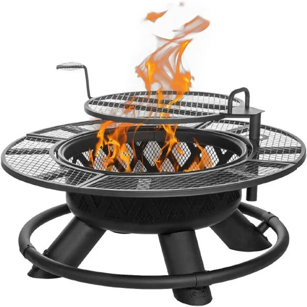 

47" Fire Pit Table with Adjustable Grill Top, Safety Ring, Cooking Grate, Steel Wood Burning Fire Pit Table